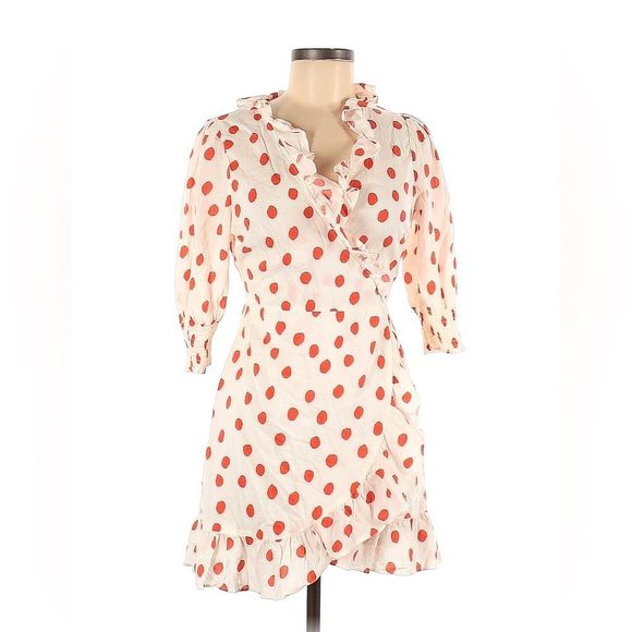 RIXO White & Coral Polka Dot Wrap Dress - Picture 1 of 3